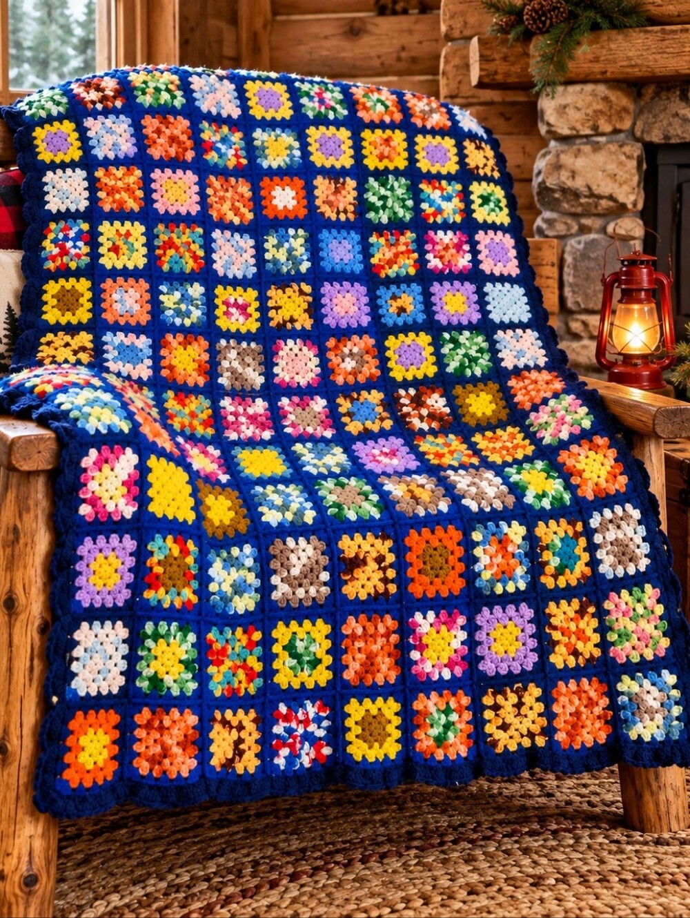 Vintage Granny Square Crochet Afghan Throw Blanket Bold Color Cottagecore